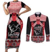 Toitu Te Tiriti O Waitangi Couples Matching Short Sleeve Bodycon Dress and Long Sleeve Button Shirt Maori Wharenui With Taniko Motifs LT14 Red - Polynesian Pride