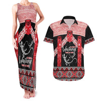 Toitu Te Tiriti O Waitangi Couples Matching Tank Maxi Dress and Hawaiian Shirt Maori Wharenui With Taniko Motifs LT14 Red - Polynesian Pride