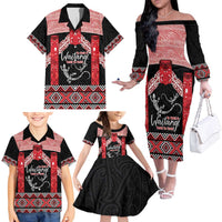 Toitu Te Tiriti O Waitangi Family Matching Off The Shoulder Long Sleeve Dress and Hawaiian Shirt Maori Wharenui With Taniko Motifs LT14 - Polynesian Pride