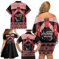 Toitu Te Tiriti O Waitangi Family Matching Off Shoulder Short Dress and Hawaiian Shirt Maori Wharenui With Taniko Motifs LT14 - Polynesian Pride