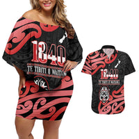 New Zealand 1840 Waitangi Day Couples Matching Off Shoulder Short Dress and Hawaiian Shirt Aotearoa Haka Mask - Red Version LT14 Red - Polynesian Pride