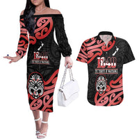 New Zealand 1840 Waitangi Day Couples Matching Off The Shoulder Long Sleeve Dress and Hawaiian Shirt Aotearoa Haka Mask - Red Version LT14 Red - Polynesian Pride