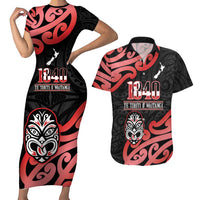 New Zealand 1840 Waitangi Day Couples Matching Short Sleeve Bodycon Dress and Hawaiian Shirt Aotearoa Haka Mask - Red Version LT14 Red - Polynesian Pride