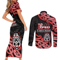 New Zealand 1840 Waitangi Day Couples Matching Short Sleeve Bodycon Dress and Long Sleeve Button Shirt Aotearoa Haka Mask - Red Version LT14 - Polynesian Pride
