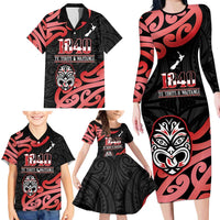 New Zealand 1840 Waitangi Day Family Matching Long Sleeve Bodycon Dress and Hawaiian Shirt Aotearoa Haka Mask - Red Version LT14 - Polynesian Pride