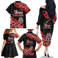 New Zealand 1840 Waitangi Day Family Matching Off The Shoulder Long Sleeve Dress and Hawaiian Shirt Aotearoa Haka Mask - Red Version LT14 - Polynesian Pride