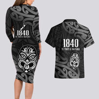 New Zealand 1840 Waitangi Day Couples Matching Long Sleeve Bodycon Dress and Hawaiian Shirt Aotearoa Haka Mask - Black Version LT14 - Polynesian Pride