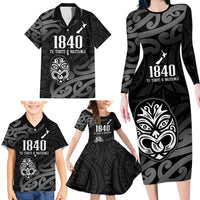 New Zealand 1840 Waitangi Day Family Matching Long Sleeve Bodycon Dress and Hawaiian Shirt Aotearoa Haka Mask - Black Version LT14 - Polynesian Pride