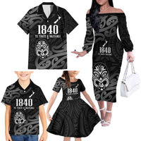 New Zealand 1840 Waitangi Day Family Matching Off The Shoulder Long Sleeve Dress and Hawaiian Shirt Aotearoa Haka Mask - Black Version LT14 - Polynesian Pride