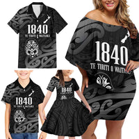 New Zealand 1840 Waitangi Day Family Matching Off Shoulder Short Dress and Hawaiian Shirt Aotearoa Haka Mask - Black Version LT14 - Polynesian Pride