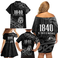 New Zealand 1840 Waitangi Day Family Matching Off Shoulder Short Dress and Hawaiian Shirt Aotearoa Haka Mask - Black Version LT14 - Polynesian Pride