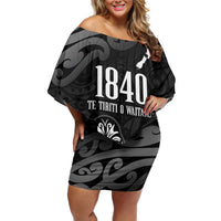 New Zealand 1840 Waitangi Day Family Matching Off Shoulder Short Dress and Hawaiian Shirt Aotearoa Haka Mask - Black Version LT14 Mom's Dress Black - Polynesian Pride