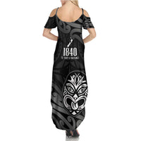 New Zealand 1840 Waitangi Day Family Matching Summer Maxi Dress and Hawaiian Shirt Aotearoa Haka Mask - Black Version LT14 - Polynesian Pride