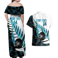 New Zealand Lawn Bowls Custom Couples Matching Off Shoulder Maxi Dress and Hawaiian Shirt Aotearoa Silver Fern Paua Shell LT14 - Polynesian Pride