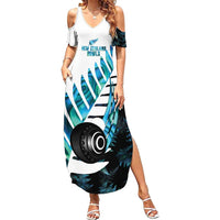 New Zealand Lawn Bowls Custom Family Matching Summer Maxi Dress and Hawaiian Shirt Aotearoa Silver Fern Paua Shell LT14 Mom's Dress Black - Polynesian Pride