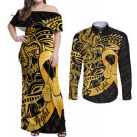 Polynesia Bone Cancer Awareness Couples Matching Off Shoulder Maxi Dress and Long Sleeve Button Shirt Fight Warriors LT14 Black - Polynesian Pride