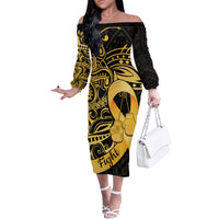 Polynesia Bone Cancer Awareness Off The Shoulder Long Sleeve Dress Fight Warriors LT14 Women Black - Polynesian Pride