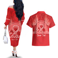 Personalised In September We Wear Red Couples Matching Off The Shoulder Long Sleeve Dress and Hawaiian Shirt Polynesia Blood Cancer Awareness LT14 - Polynesian Pride