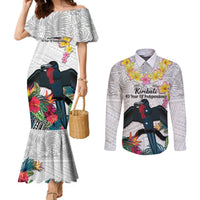 Kiribati Independence Day Couples Matching Mermaid Dress and Long Sleeve Button Shirt Frigatebird Mix Tropical Flowers - White Style LT14 White - Polynesian Pride