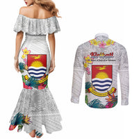 Kiribati Independence Day Couples Matching Mermaid Dress and Long Sleeve Button Shirt Frigatebird Mix Tropical Flowers - White Style LT14 - Polynesian Pride