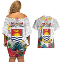 Kiribati Independence Day Couples Matching Off Shoulder Short Dress and Hawaiian Shirt Frigatebird Mix Tropical Flowers - White Style LT14 - Polynesian Pride