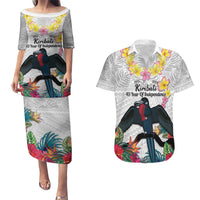 Kiribati Independence Day Couples Matching Puletasi and Hawaiian Shirt Frigatebird Mix Tropical Flowers - White Style LT14 White - Polynesian Pride