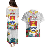 Kiribati Independence Day Couples Matching Puletasi and Hawaiian Shirt Frigatebird Mix Tropical Flowers - White Style LT14 - Polynesian Pride
