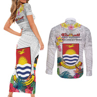 Kiribati Independence Day Couples Matching Short Sleeve Bodycon Dress and Long Sleeve Button Shirt Frigatebird Mix Tropical Flowers - White Style LT14 - Polynesian Pride