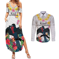 Kiribati Independence Day Couples Matching Summer Maxi Dress and Long Sleeve Button Shirt Frigatebird Mix Tropical Flowers - White Style LT14 White - Polynesian Pride