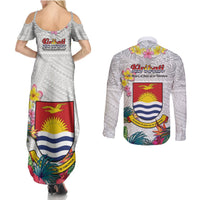 Kiribati Independence Day Couples Matching Summer Maxi Dress and Long Sleeve Button Shirt Frigatebird Mix Tropical Flowers - White Style LT14 - Polynesian Pride