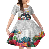 Kiribati Independence Day Family Matching Off The Shoulder Long Sleeve Dress and Hawaiian Shirt Frigatebird Mix Tropical Flowers - White Style LT14 Daughter's Dress White - Polynesian Pride