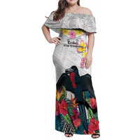 Kiribati Independence Day Family Matching Off Shoulder Maxi Dress and Hawaiian Shirt Frigatebird Mix Tropical Flowers - White Style