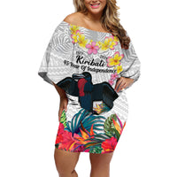 Kiribati Independence Day Family Matching Off Shoulder Short Dress and Hawaiian Shirt Frigatebird Mix Tropical Flowers - White Style LT14 Mom's Dress White - Polynesian Pride