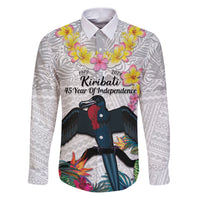 Kiribati Independence Day Family Matching Puletasi and Hawaiian Shirt Frigatebird Mix Tropical Flowers - White Style LT14 Dad's Shirt - Long Sleeve White - Polynesian Pride