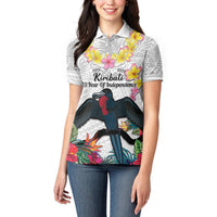 Kiribati Independence Day Women Polo Shirt Frigatebird Mix Tropical Flowers - White Style