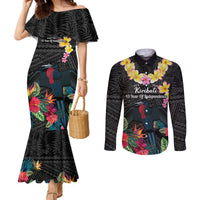 Kiribati Independence Day Couples Matching Mermaid Dress and Long Sleeve Button Shirt Frigatebird Mix Tropical Flowers - Black Style LT14 Black - Polynesian Pride