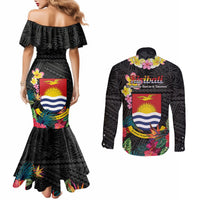 Kiribati Independence Day Couples Matching Mermaid Dress and Long Sleeve Button Shirt Frigatebird Mix Tropical Flowers - Black Style LT14 - Polynesian Pride