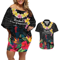 Kiribati Independence Day Couples Matching Off Shoulder Short Dress and Hawaiian Shirt Frigatebird Mix Tropical Flowers - Black Style LT14 Black - Polynesian Pride