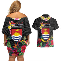 Kiribati Independence Day Couples Matching Off Shoulder Short Dress and Hawaiian Shirt Frigatebird Mix Tropical Flowers - Black Style LT14 - Polynesian Pride
