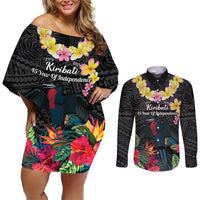 Kiribati Independence Day Couples Matching Off Shoulder Short Dress and Long Sleeve Button Shirt Frigatebird Mix Tropical Flowers - Black Style LT14 Black - Polynesian Pride