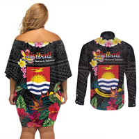 Kiribati Independence Day Couples Matching Off Shoulder Short Dress and Long Sleeve Button Shirt Frigatebird Mix Tropical Flowers - Black Style LT14 - Polynesian Pride