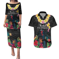 Kiribati Independence Day Couples Matching Puletasi and Hawaiian Shirt Frigatebird Mix Tropical Flowers - Black Style LT14 Black - Polynesian Pride