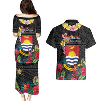 Kiribati Independence Day Couples Matching Puletasi and Hawaiian Shirt Frigatebird Mix Tropical Flowers - Black Style LT14 - Polynesian Pride