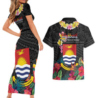 Kiribati Independence Day Couples Matching Short Sleeve Bodycon Dress and Hawaiian Shirt Frigatebird Mix Tropical Flowers - Black Style LT14 - Polynesian Pride