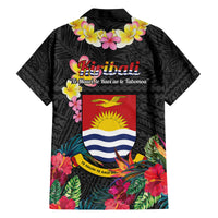 Kiribati Independence Day Family Matching Off The Shoulder Long Sleeve Dress and Hawaiian Shirt Frigatebird Mix Tropical Flowers - Black Style LT14 - Polynesian Pride