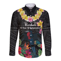 Kiribati Independence Day Long Sleeve Button Shirt Frigatebird Mix Tropical Flowers - Black Style LT14 Unisex Black - Polynesian Pride