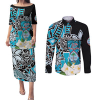 Personalised Guam Liberation Day Couples Matching Puletasi and Long Sleeve Button Shirt 80th Anniversary Chamorro Latte Stone With Guasali Flowers LT14 Blue - Polynesian Pride