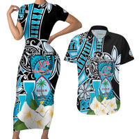 Personalised Guam Liberation Day Couples Matching Short Sleeve Bodycon Dress and Hawaiian Shirt 80th Anniversary Chamorro Latte Stone With Guasali Flowers LT14 Blue - Polynesian Pride