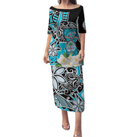 Personalised Guam Liberation Day Family Matching Puletasi and Hawaiian Shirt 80th Anniversary Chamorro Latte Stone With Guasali Flowers LT14 Mom's Dress Blue - Polynesian Pride