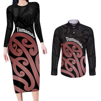 New Zealand Mangopare Tamanako Couples Matching Long Sleeve Bodycon Dress and Long Sleeve Button Shirt Aotearoa Maori LT14 Brown - Polynesian Pride